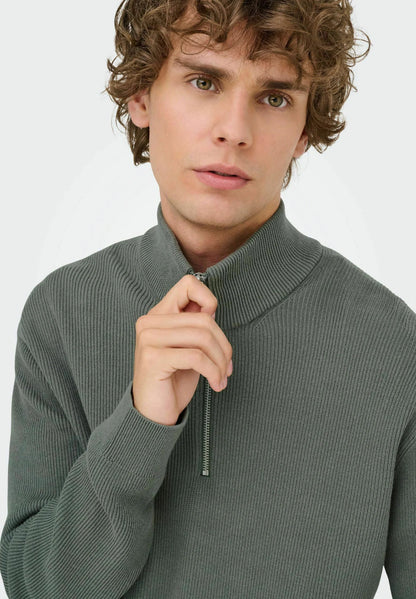 Textured Comfort Jumper with High Neck and Zip - Moss Green