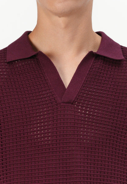 Polo Collar Shirt with Knit Texture - Wine