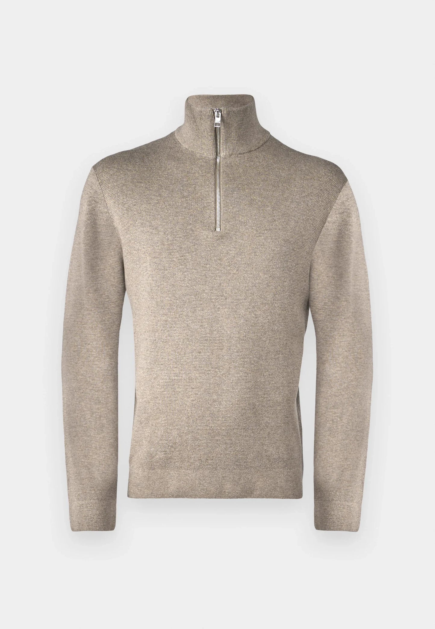 Textured Comfort Jumper with High Neck and Zip - Brown