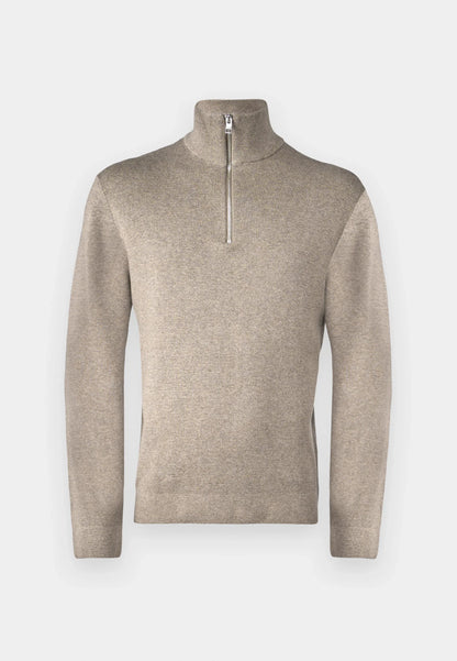 Textured Comfort Jumper with High Neck and Zip - Brown