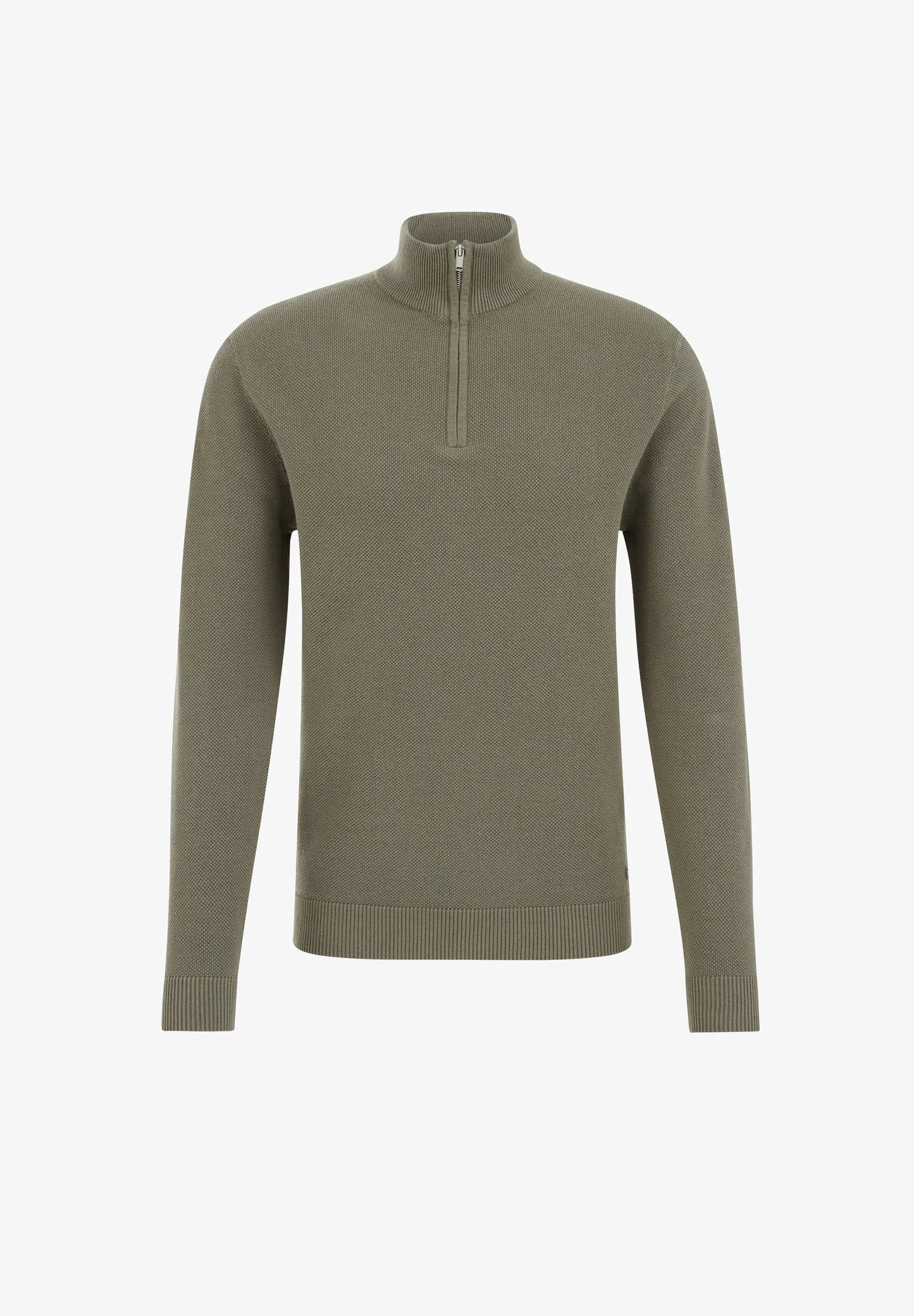 Men's Cotton Sweater with Troyer Collar and Zip - Moss Green