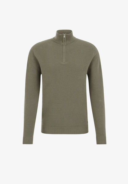 Men's Cotton Sweater with Troyer Collar and Zip - Moss Green