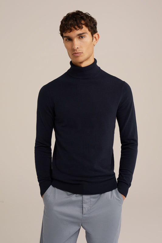Fine Knit Roll Neck Sweater - Navy Blue