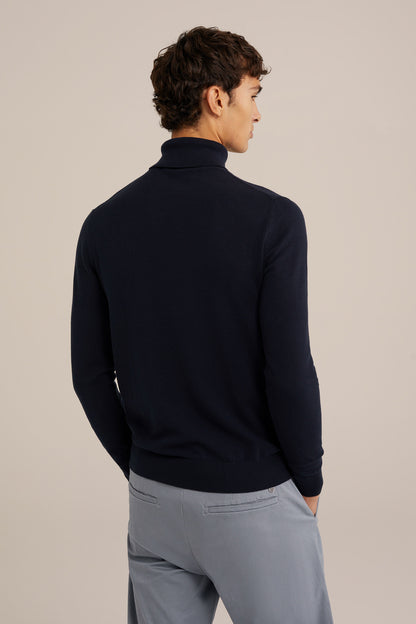 Fine Knit Roll Neck Sweater - Navy Blue