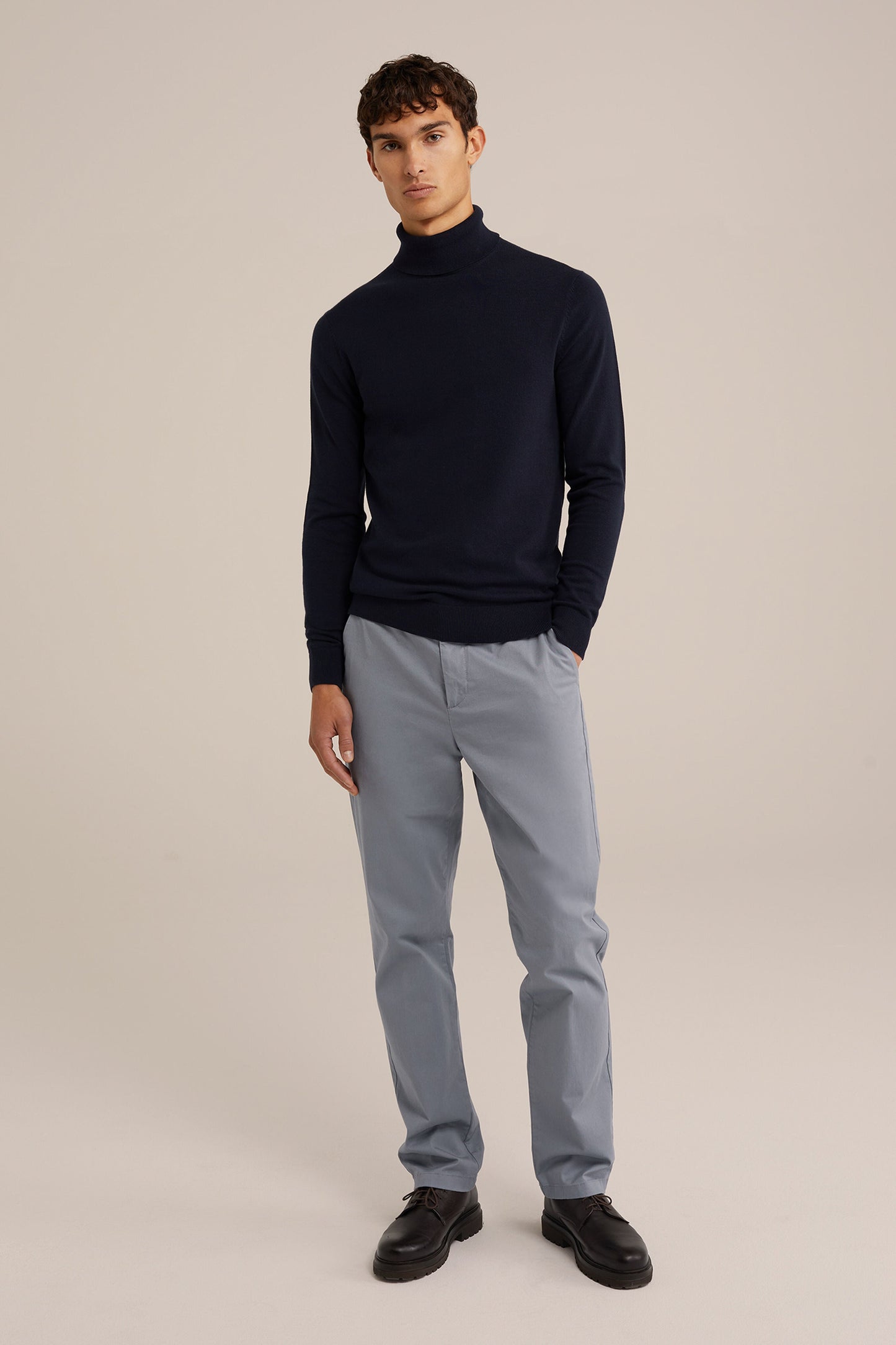 Fine Knit Roll Neck Sweater - Navy Blue