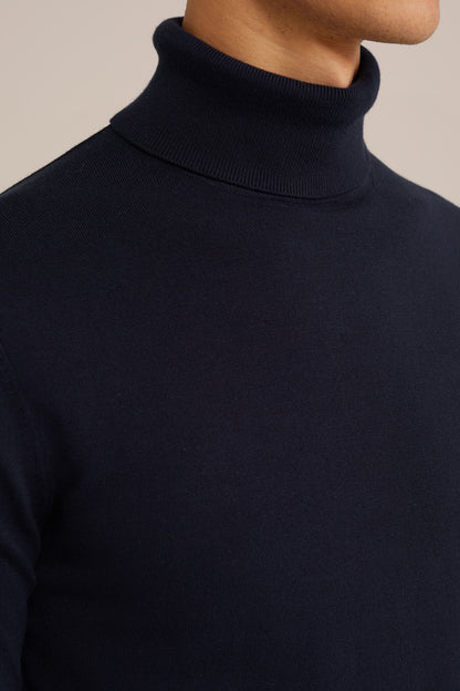 Fine Knit Roll Neck Sweater - Navy Blue