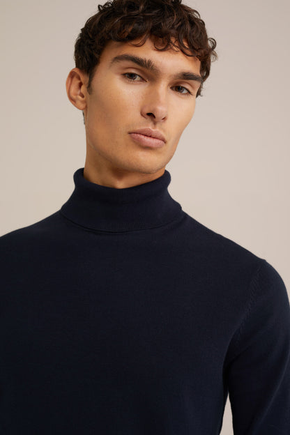 Fine Knit Roll Neck Sweater - Navy Blue