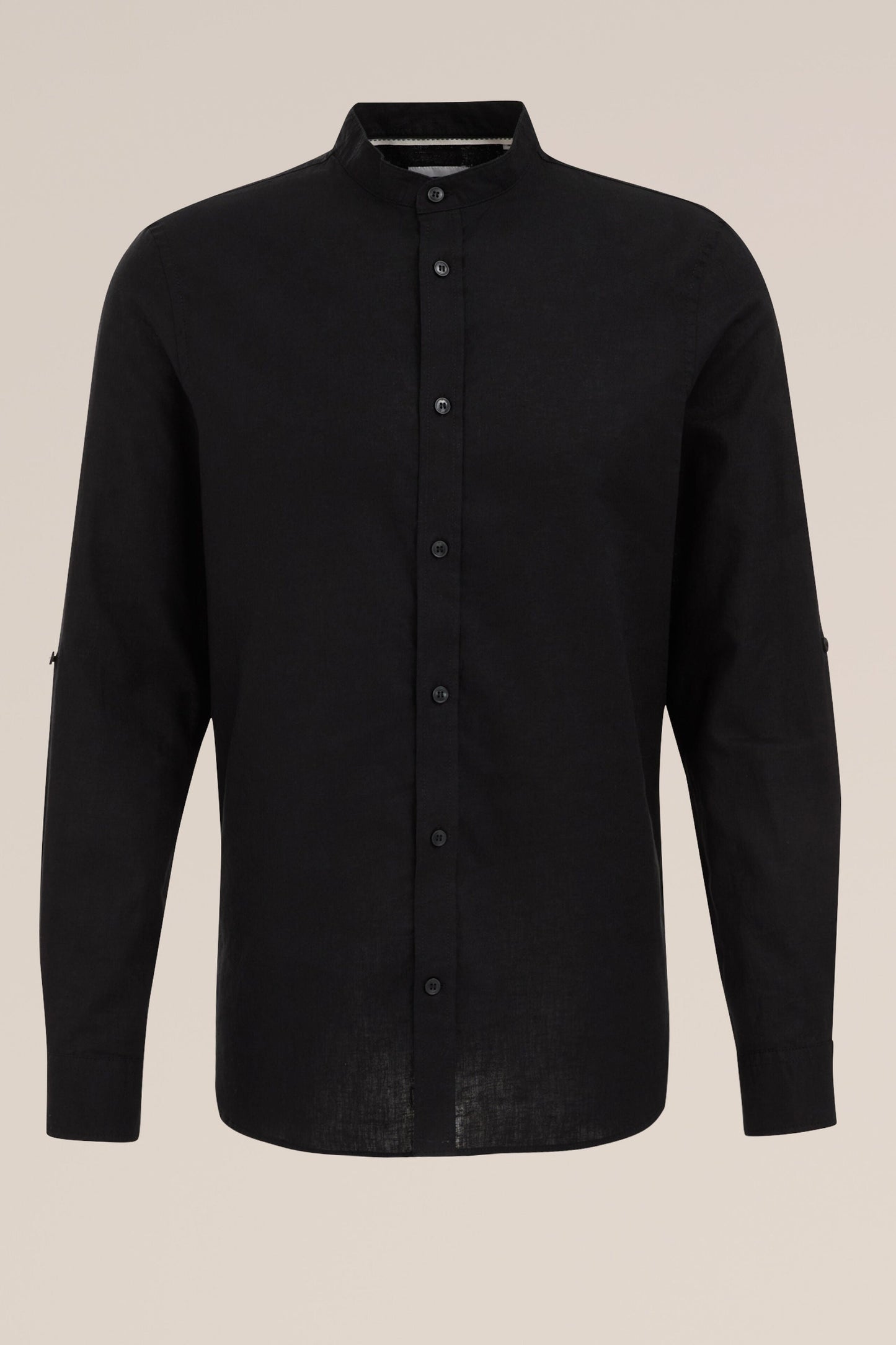 Regular Fit Mixed Linen Shirt with Mandarin Collar - Black