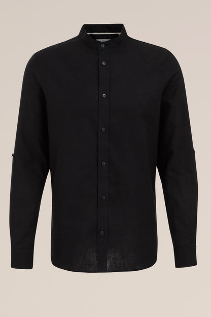 Regular Fit Mixed Linen Shirt with Mandarin Collar - Black