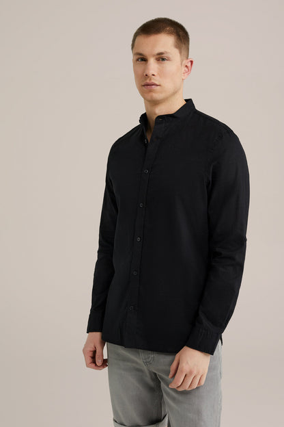 Regular Fit Mixed Linen Shirt with Mandarin Collar - Black