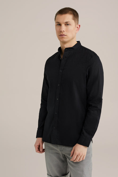 Regular Fit Mixed Linen Shirt with Mandarin Collar - Black