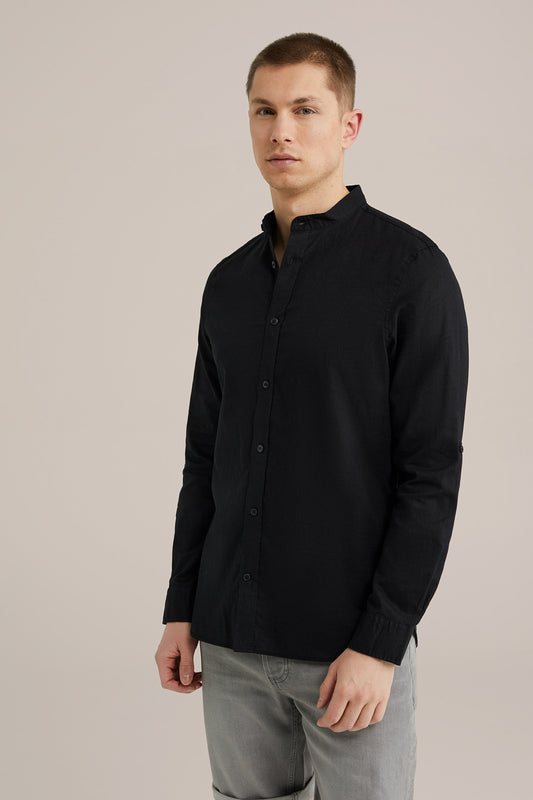 Regular Fit Mixed Linen Shirt with Mandarin Collar - Black