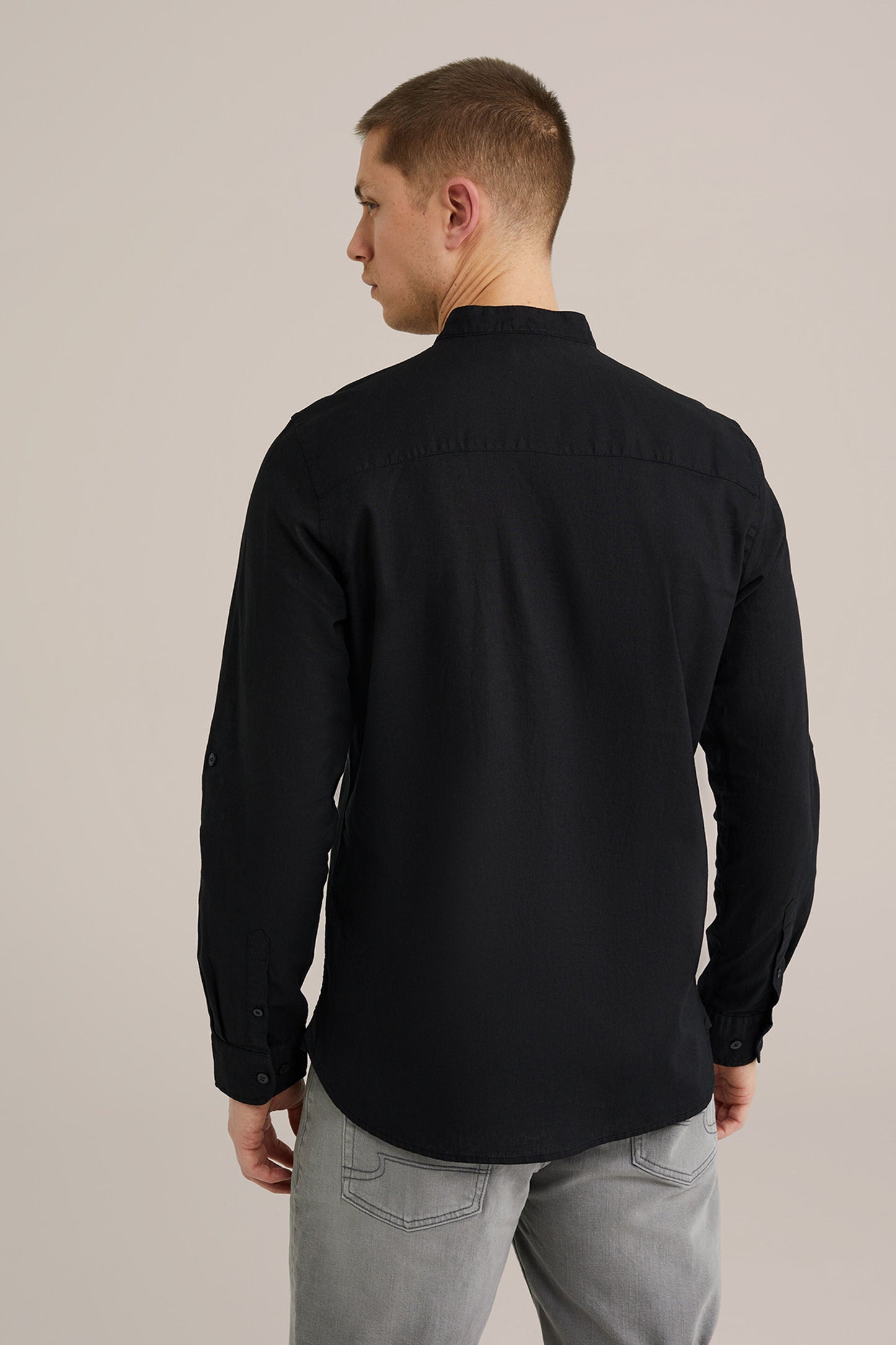 Regular Fit Mixed Linen Shirt with Mandarin Collar - Black