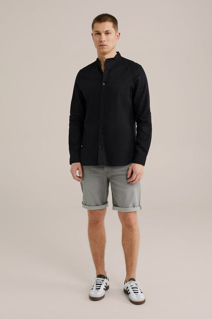 Regular Fit Mixed Linen Shirt with Mandarin Collar - Black
