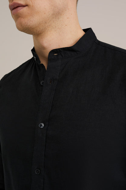Regular Fit Mixed Linen Shirt with Mandarin Collar - Black