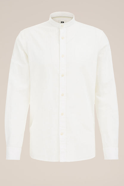 Regular Fit Mixed Linen Shirt with Mandarin Collar - White