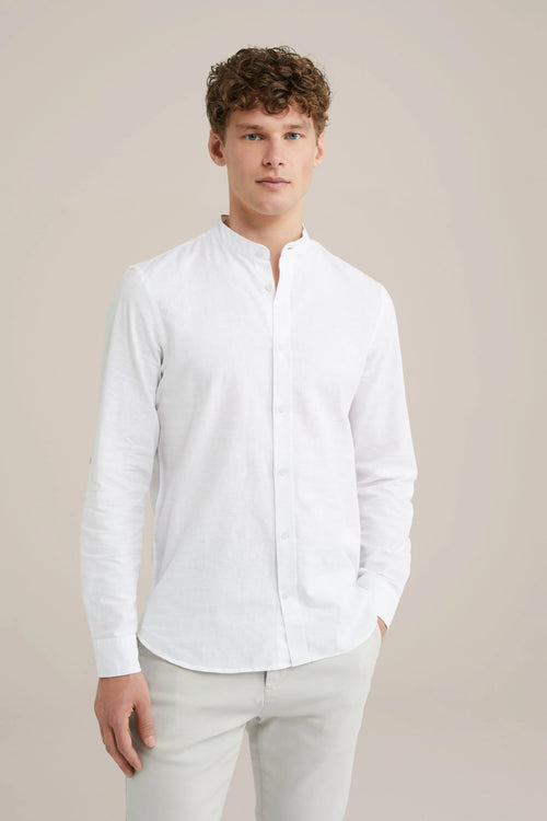 Regular Fit Mixed Linen Shirt with Mandarin Collar - White