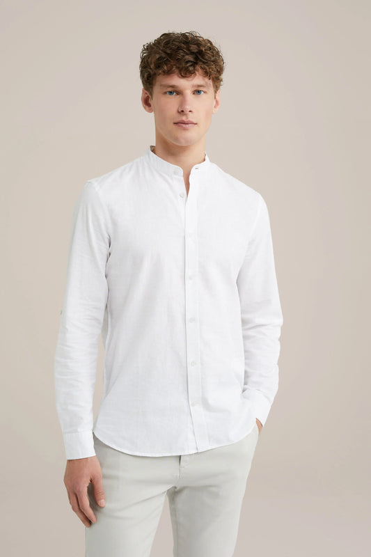 Regular Fit Mixed Linen Shirt with Mandarin Collar - White