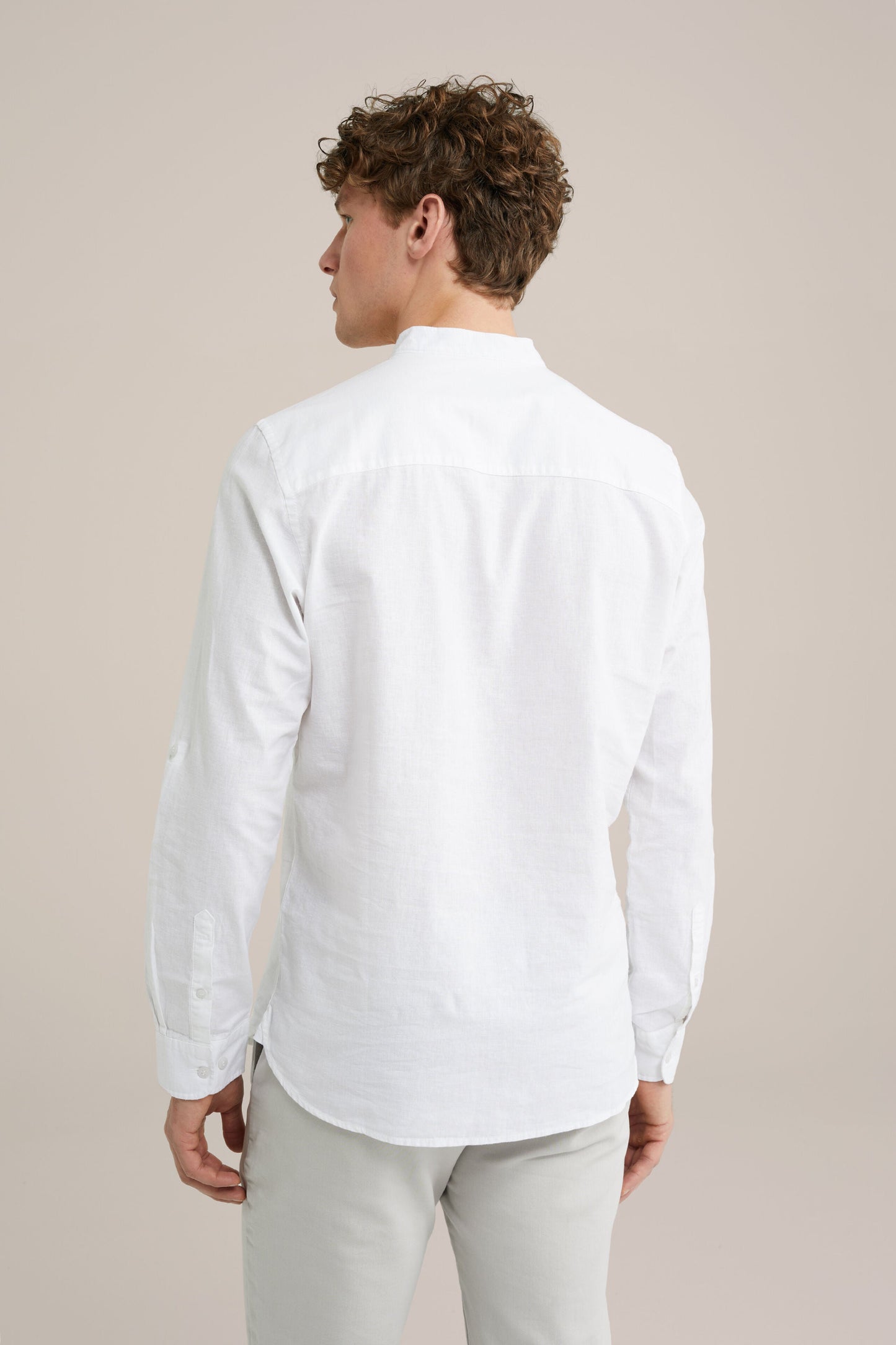 Regular Fit Mixed Linen Shirt with Mandarin Collar - White