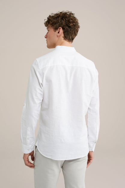 Regular Fit Mixed Linen Shirt with Mandarin Collar - White
