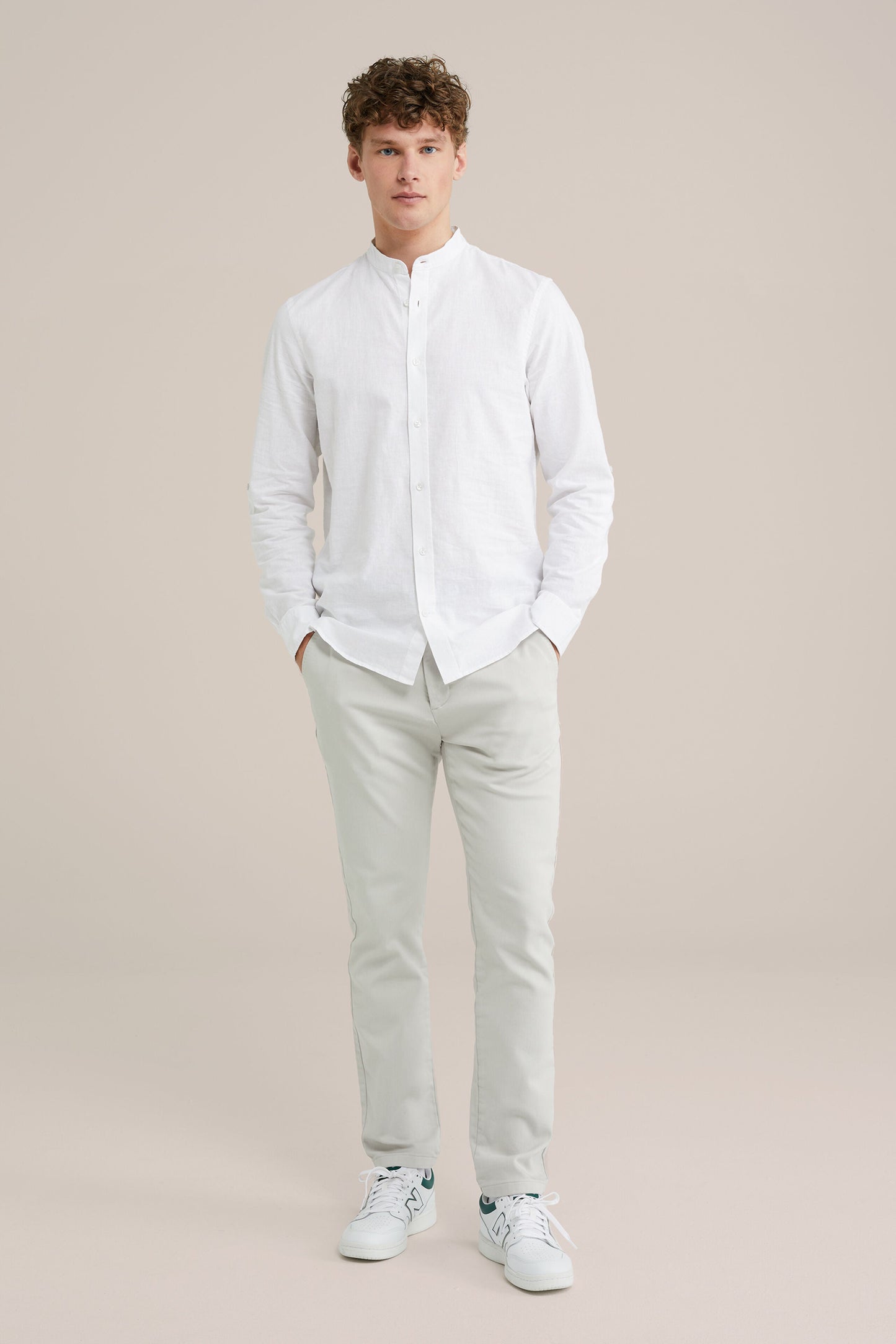 Regular Fit Mixed Linen Shirt with Mandarin Collar - White