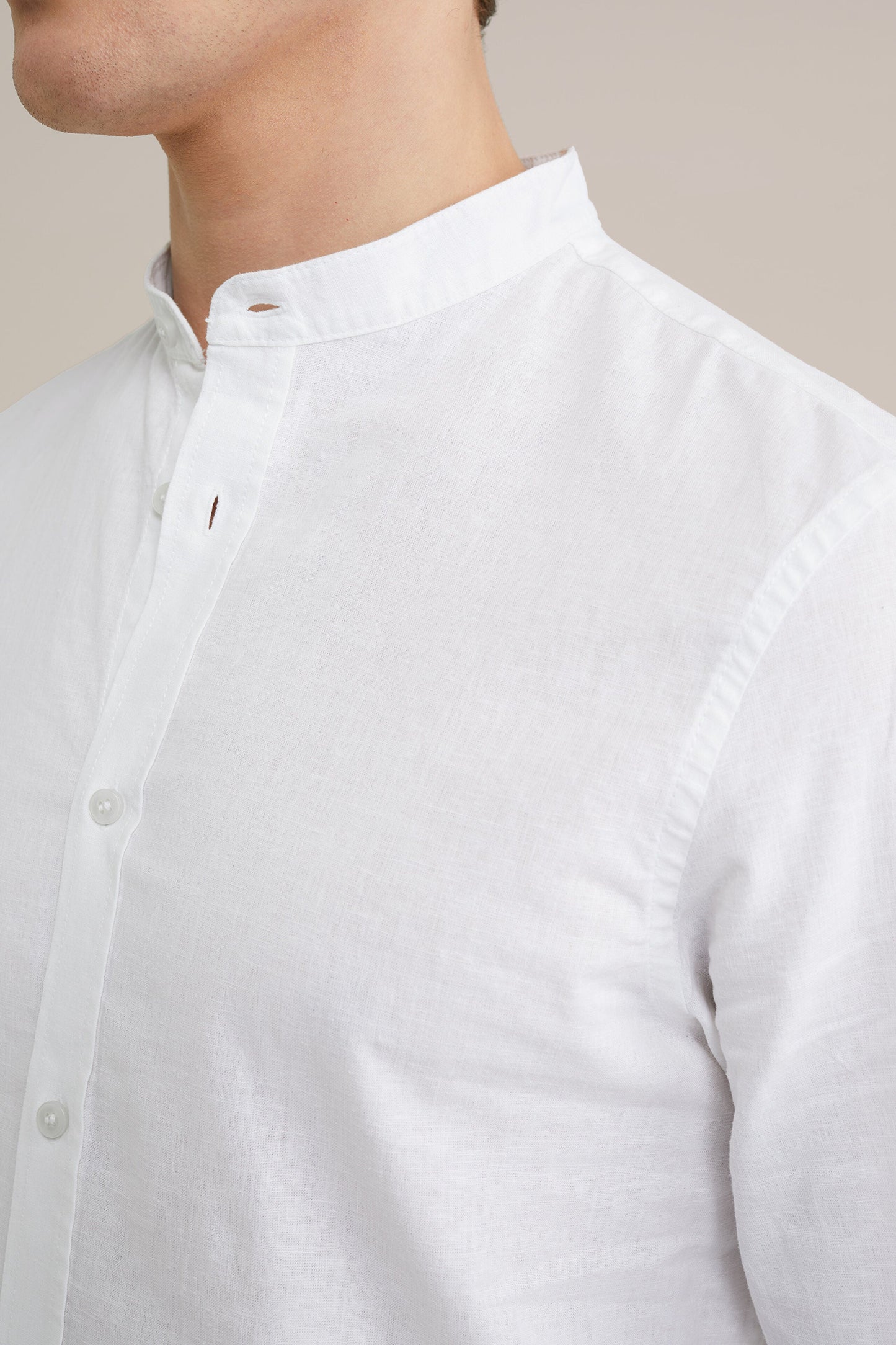 Regular Fit Mixed Linen Shirt with Mandarin Collar - White