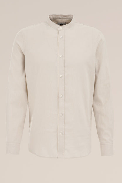 Regular Fit Mixed Linen Shirt with Mandarin Collar - Beige