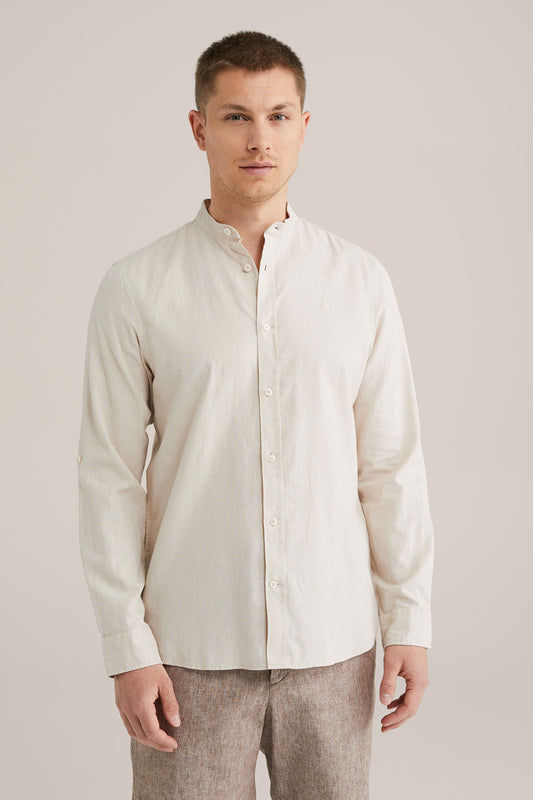Regular Fit Mixed Linen Shirt with Mandarin Collar - Beige