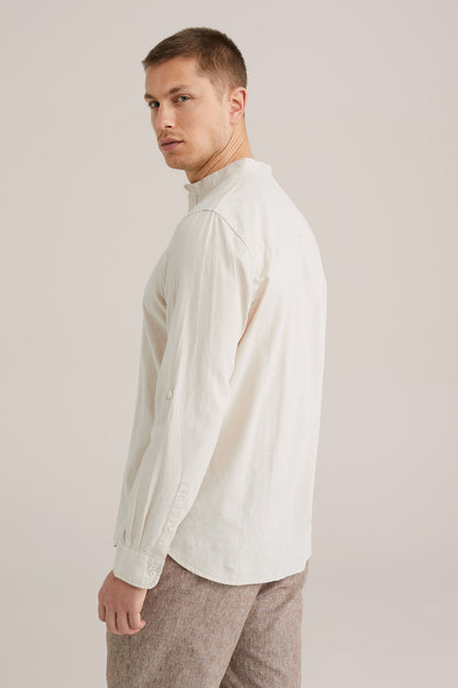 Regular Fit Mixed Linen Shirt with Mandarin Collar - Beige