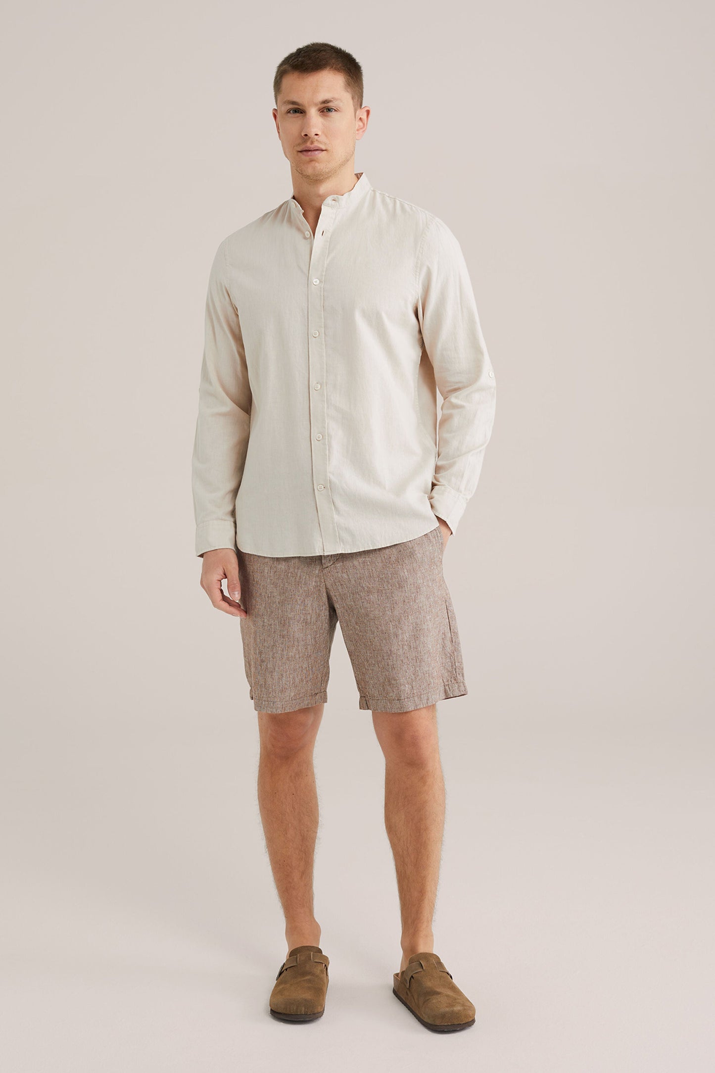 Regular Fit Mixed Linen Shirt with Mandarin Collar - Beige