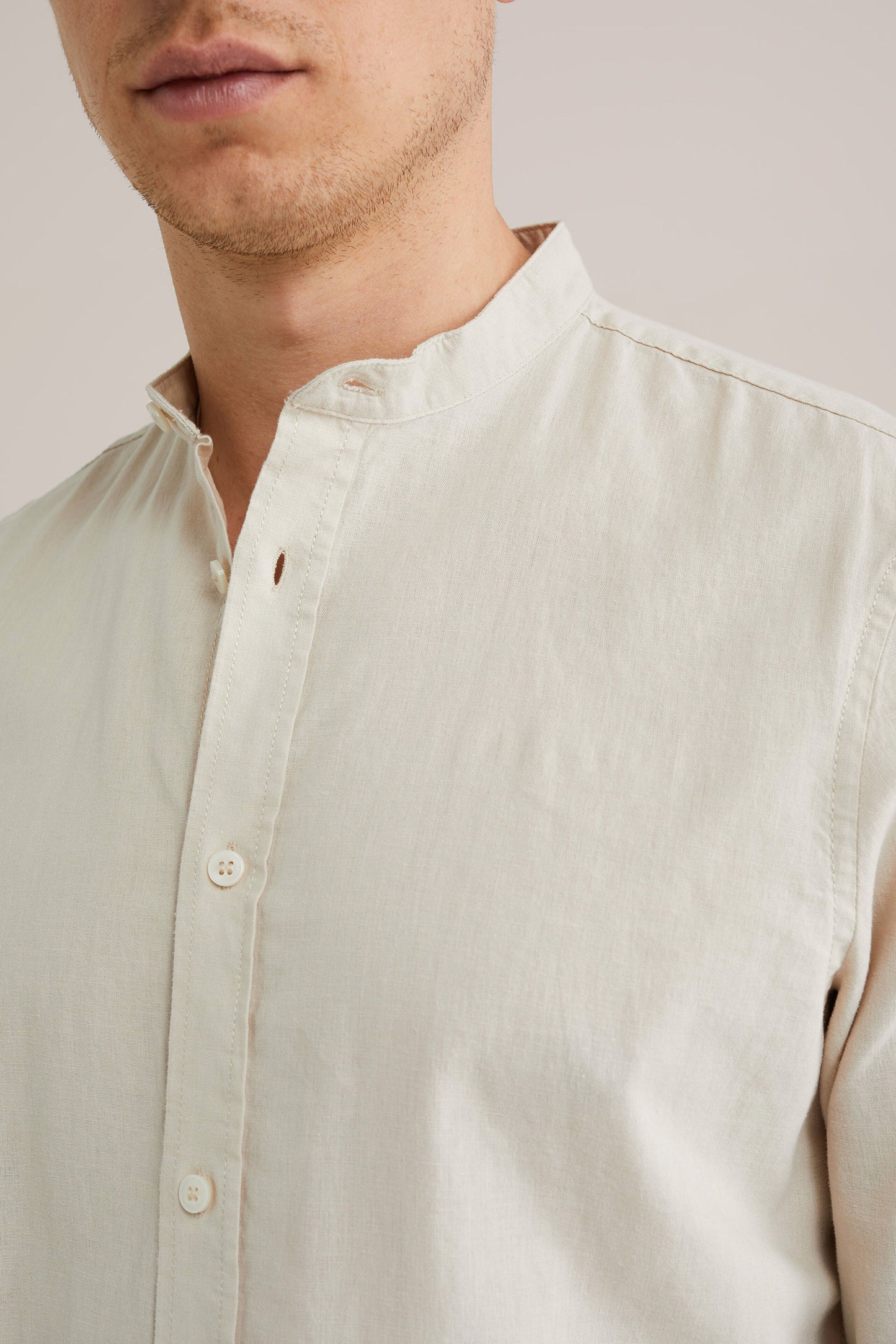 Regular Fit Mixed Linen Shirt with Mandarin Collar - Beige