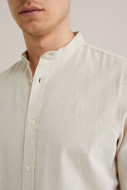 Regular Fit Mixed Linen Shirt with Mandarin Collar - Beige