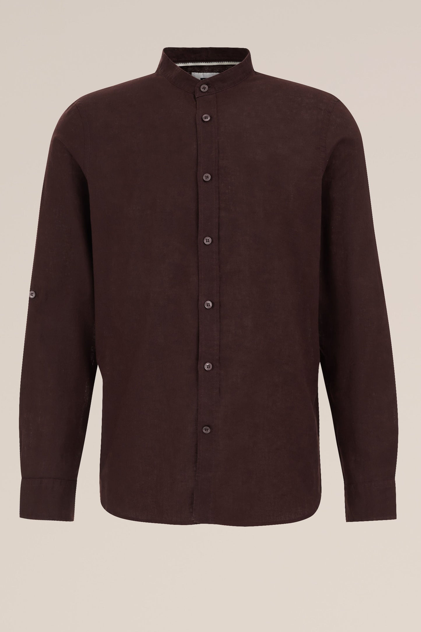 Regular Fit Mixed Linen Shirt with Mao Collar - Brown