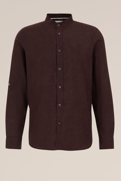 Regular Fit Mixed Linen Shirt with Mao Collar - Brown
