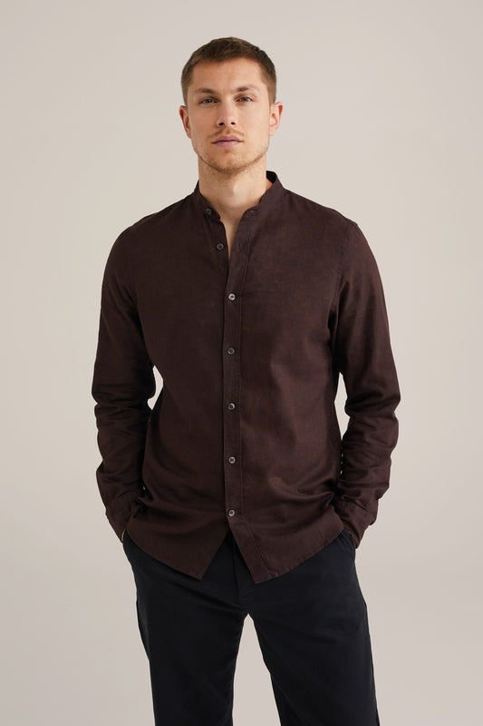 Regular Fit Mixed Linen Shirt with Mao Collar - Brown
