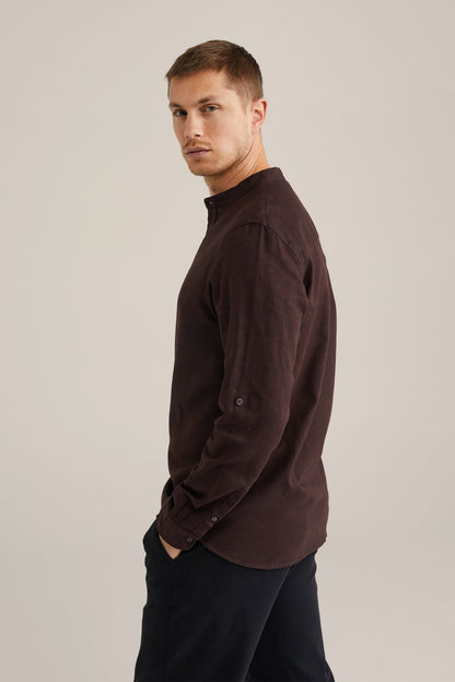 Regular Fit Mixed Linen Shirt with Mao Collar - Brown