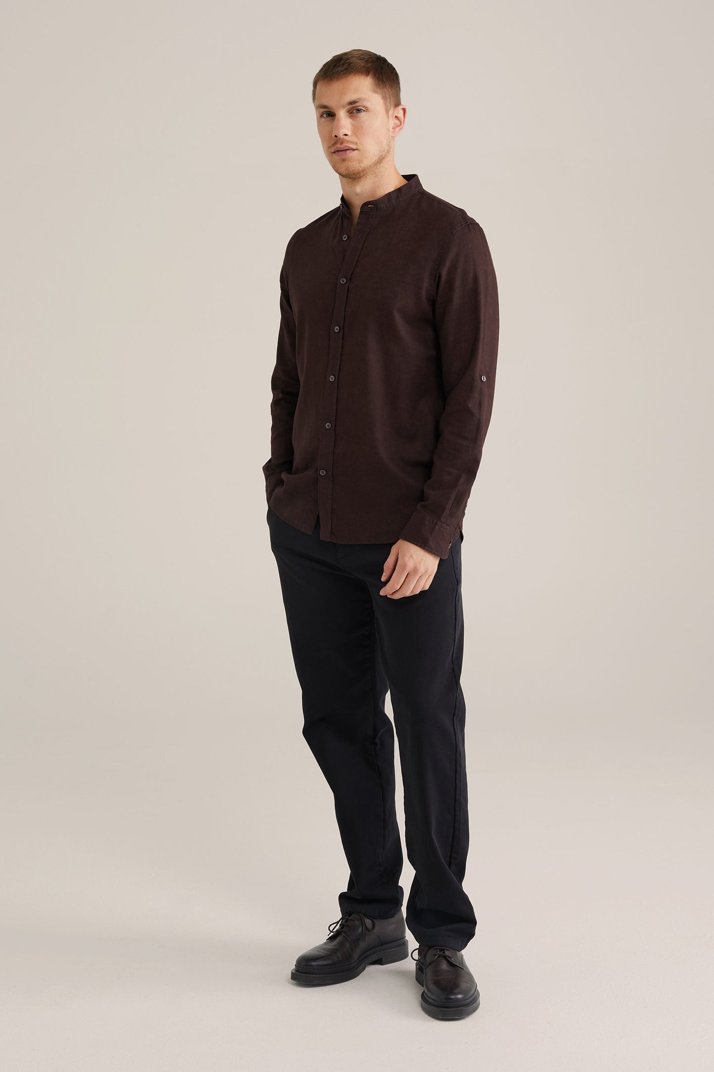 Regular Fit Mixed Linen Shirt with Mao Collar - Brown