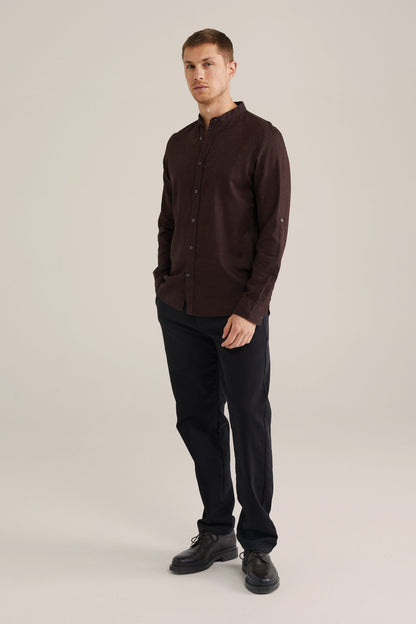 Regular Fit Mixed Linen Shirt with Mao Collar - Brown
