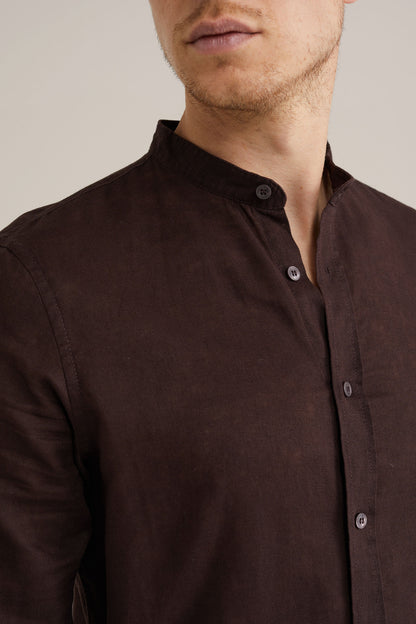 Regular Fit Mixed Linen Shirt with Mao Collar - Brown