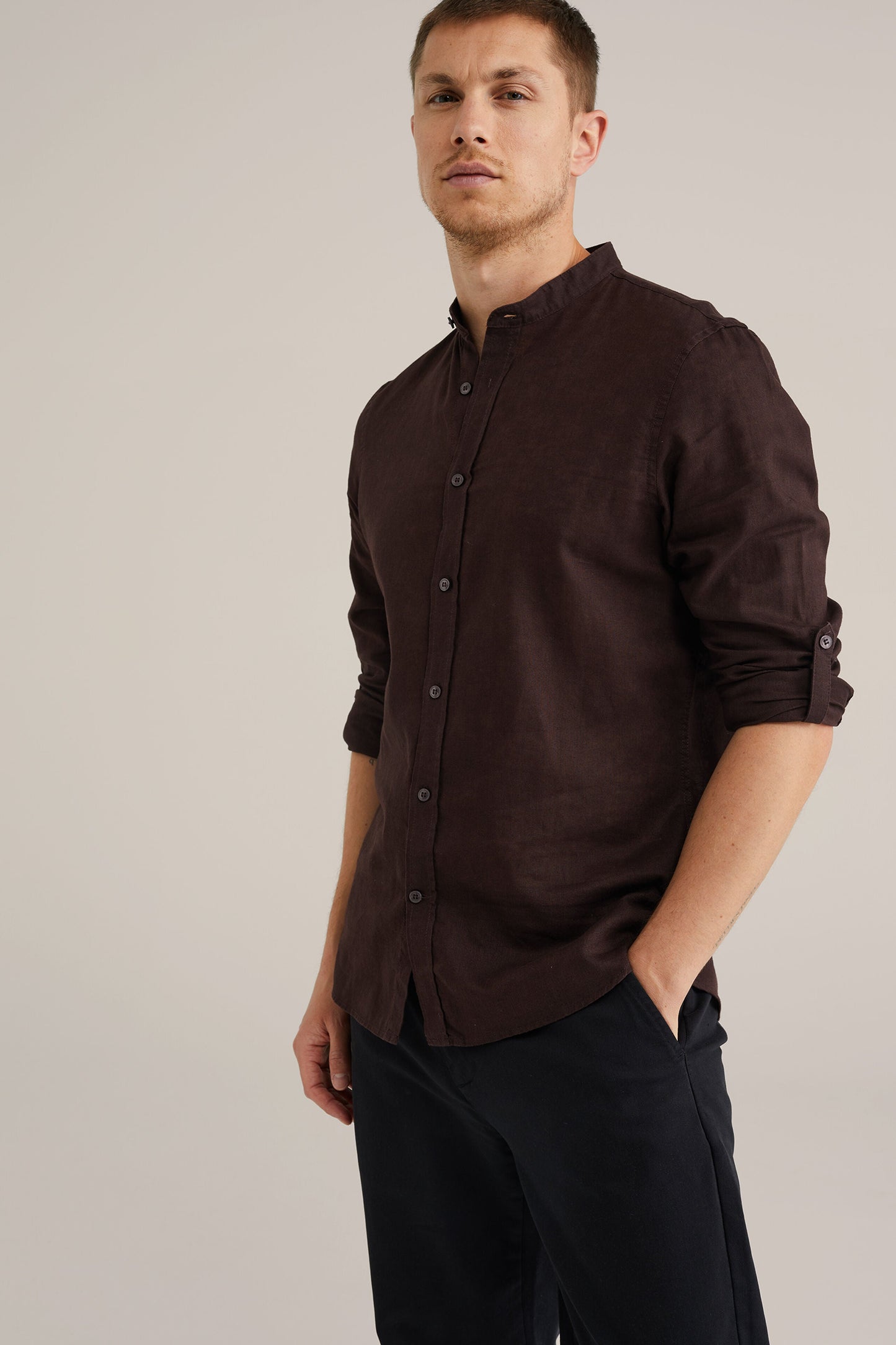 Regular Fit Mixed Linen Shirt with Mao Collar - Brown