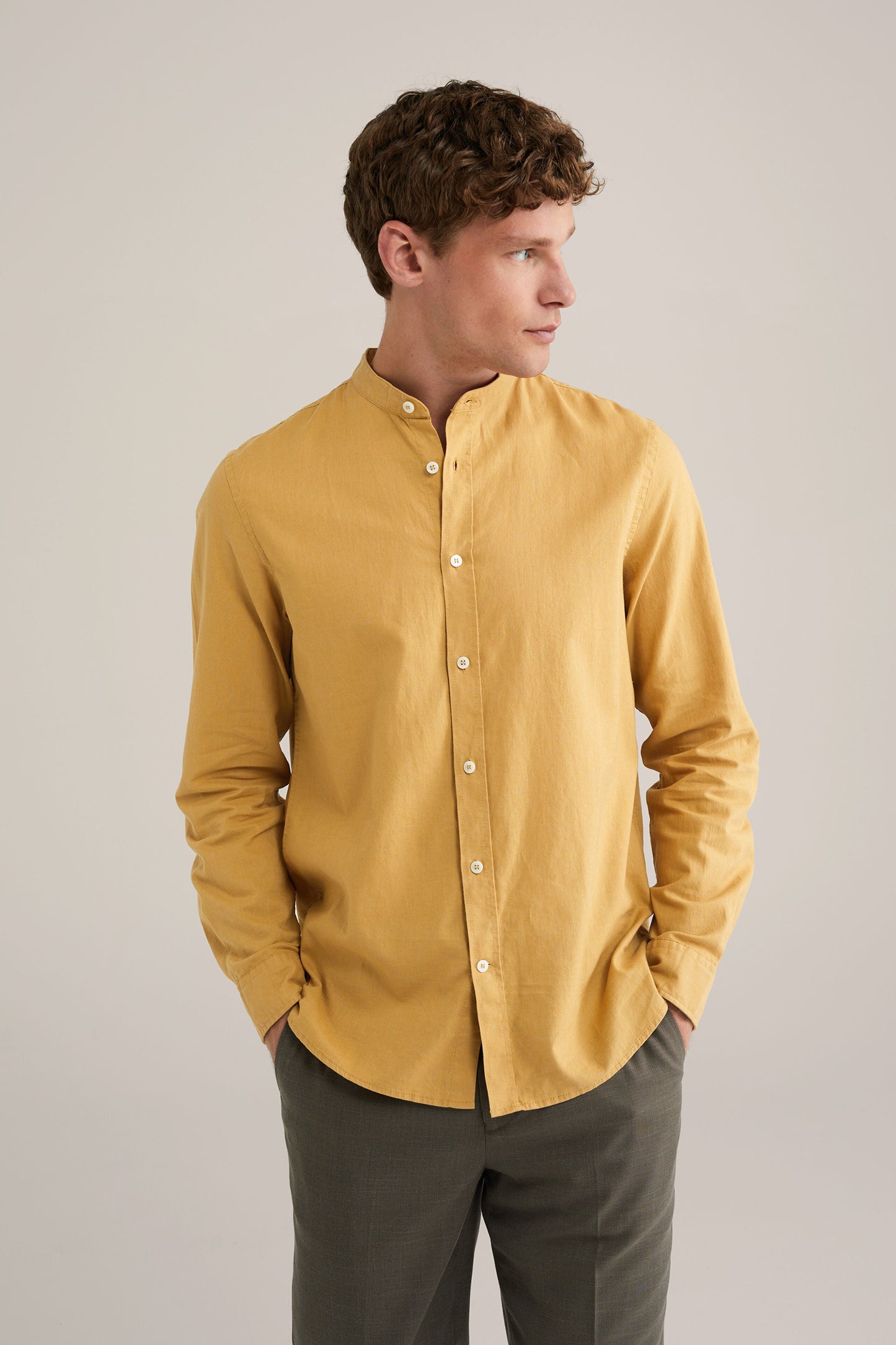 Regular Fit Mixed Linen Shirt with Mao Collar - Yellow
