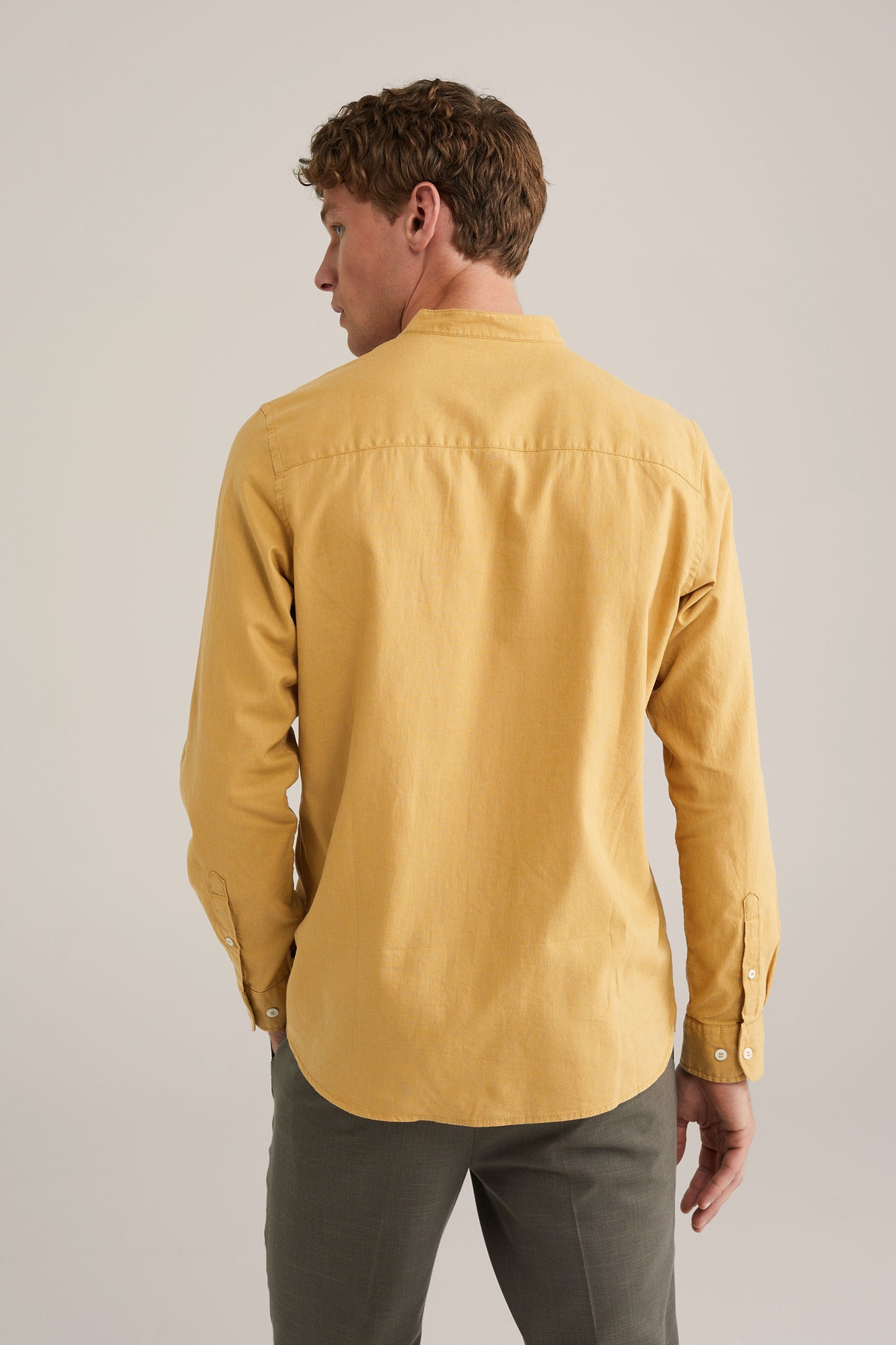 Regular Fit Mixed Linen Shirt with Mao Collar - Yellow