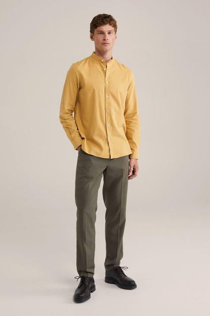 Regular Fit Mixed Linen Shirt with Mao Collar - Yellow