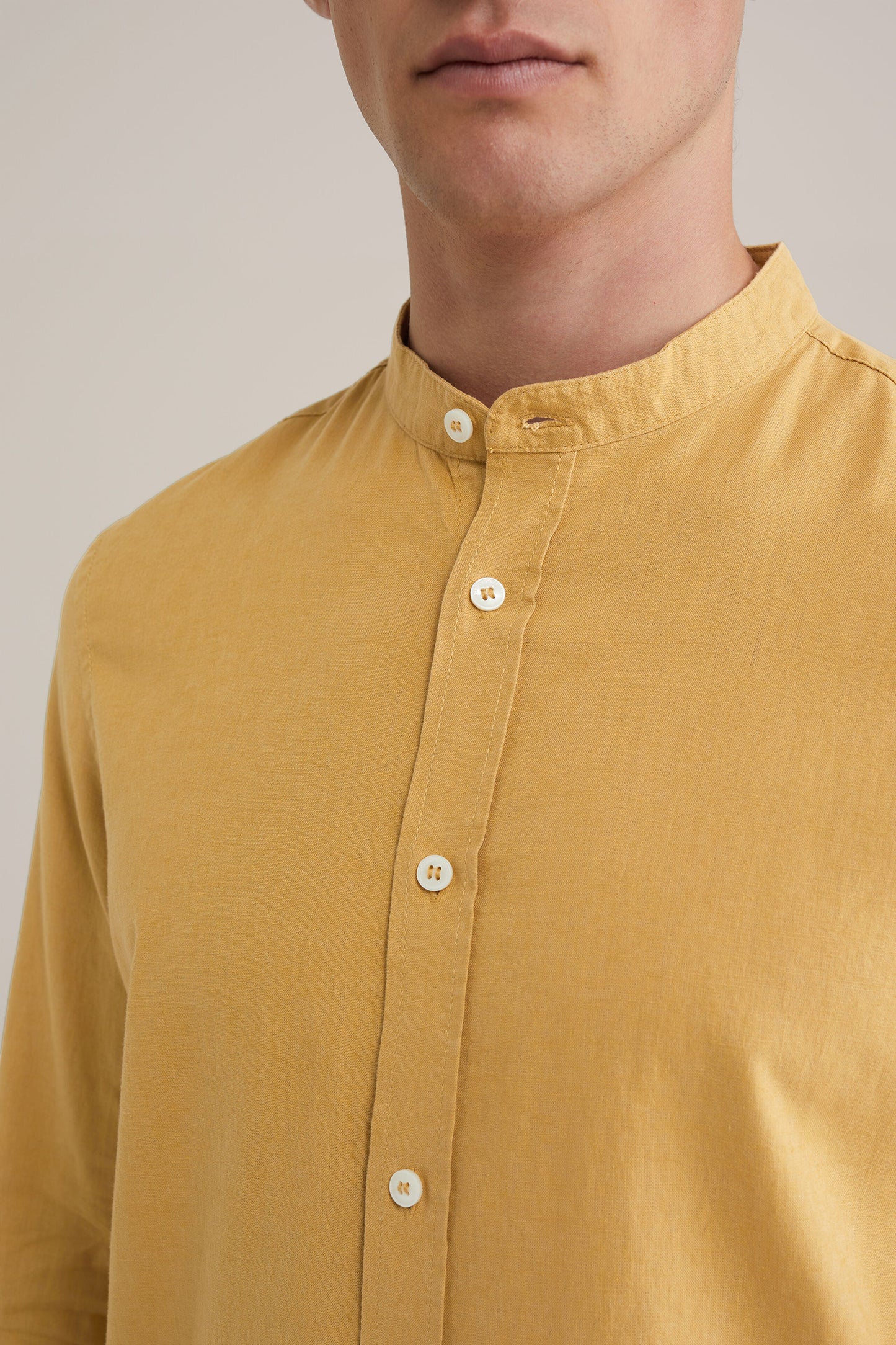 Regular Fit Mixed Linen Shirt with Mao Collar - Yellow