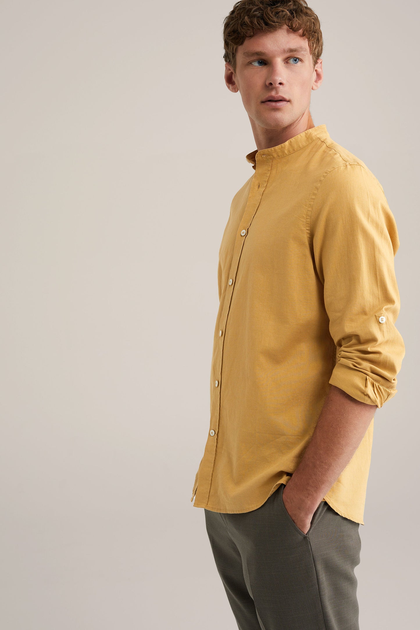 Regular Fit Mixed Linen Shirt with Mao Collar - Yellow