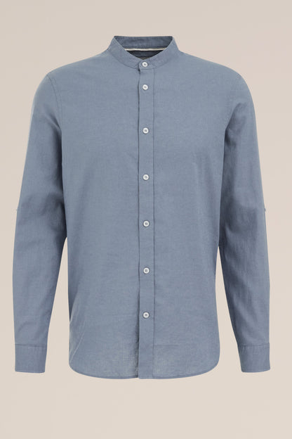 Regular Fit Mixed Linen Shirt with Grandad Collar - Blue