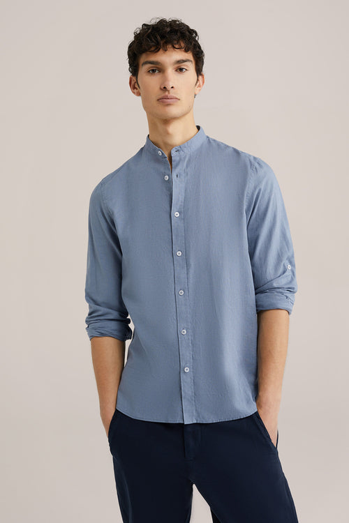 Regular Fit Mixed Linen Shirt with Grandad Collar - Blue