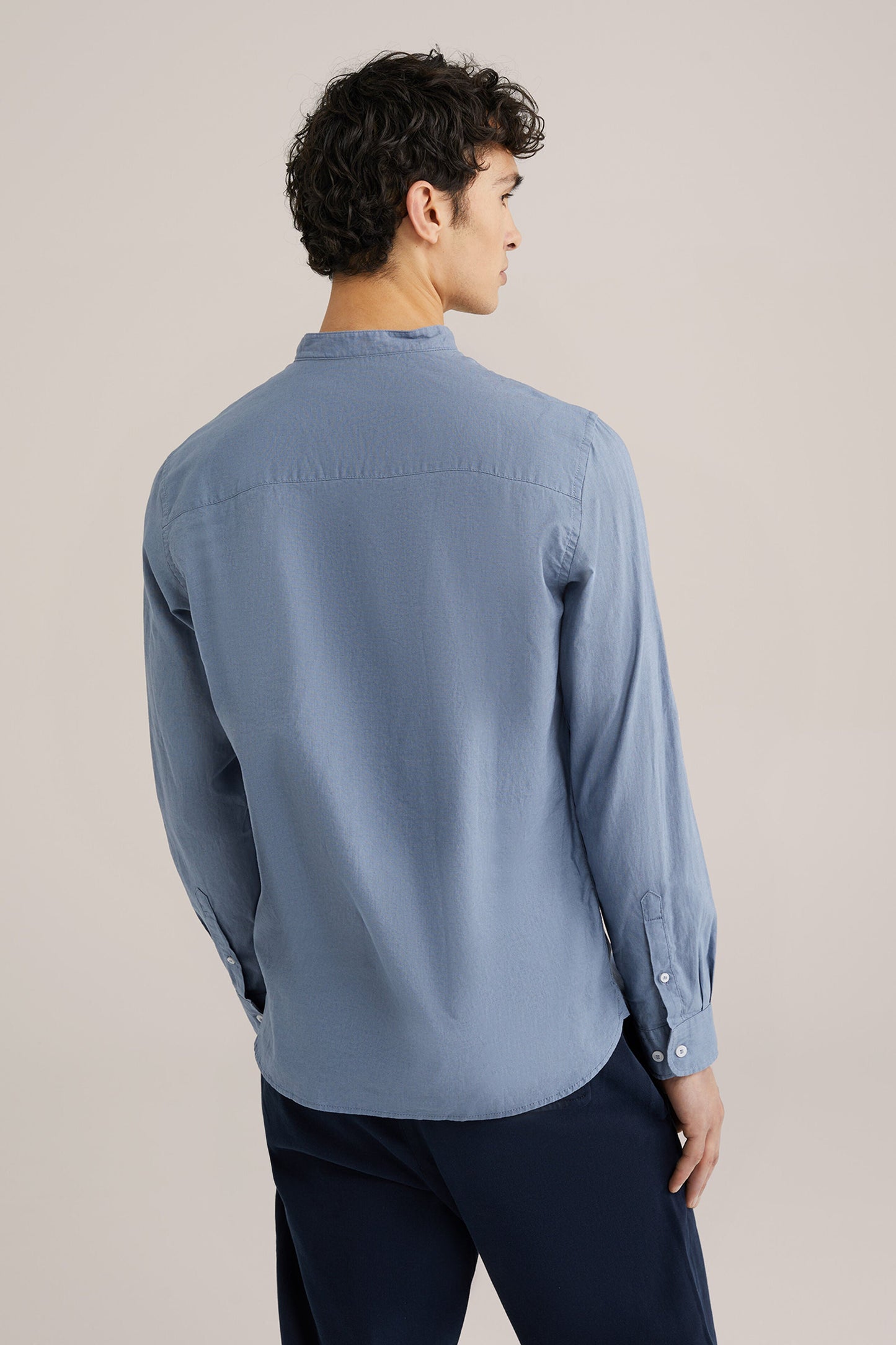 Regular Fit Mixed Linen Shirt with Grandad Collar - Blue
