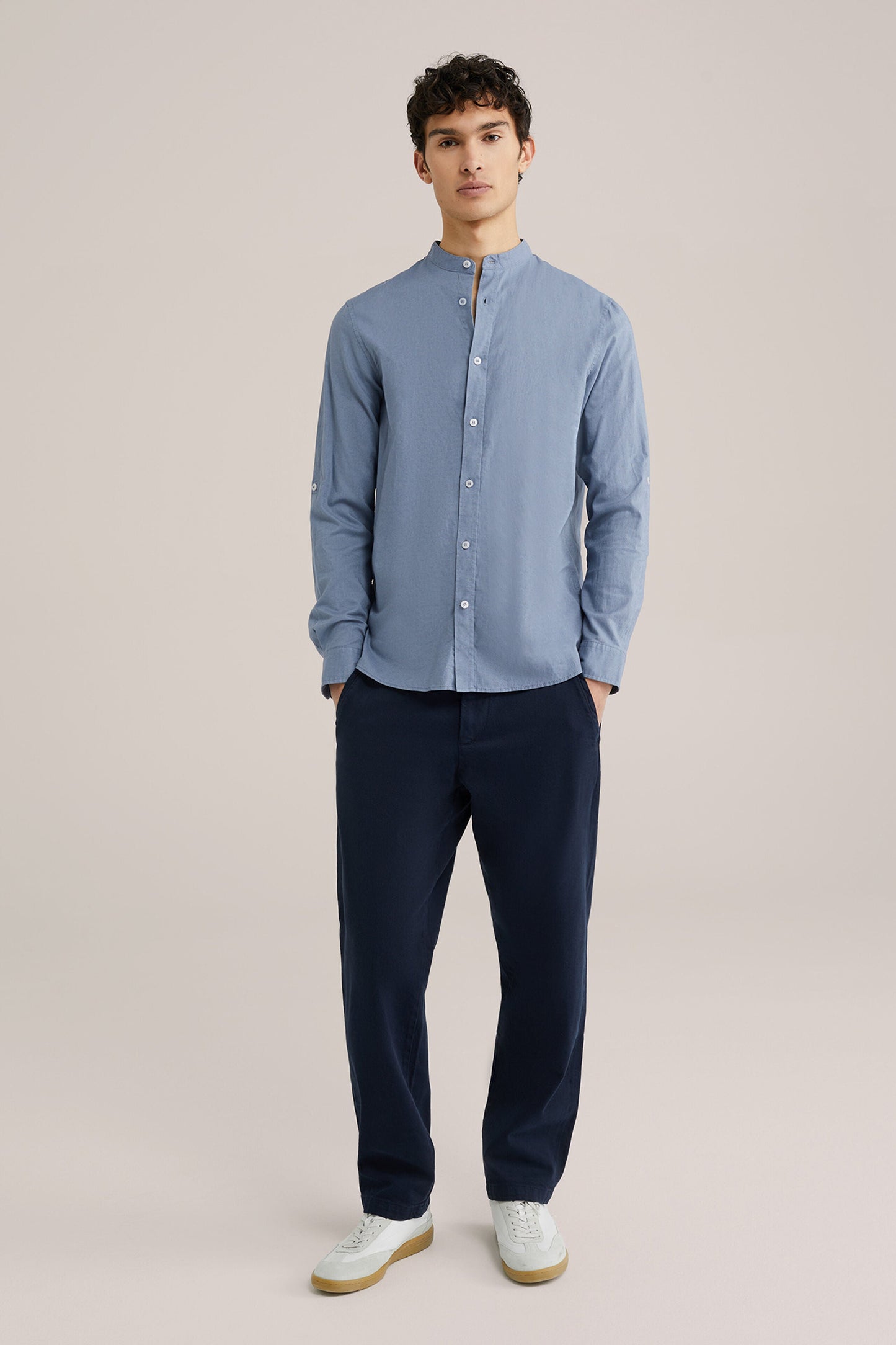 Regular Fit Mixed Linen Shirt with Grandad Collar - Blue