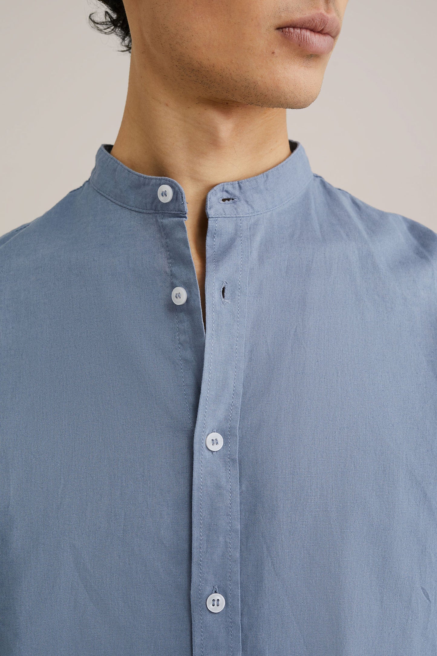 Regular Fit Mixed Linen Shirt with Grandad Collar - Blue